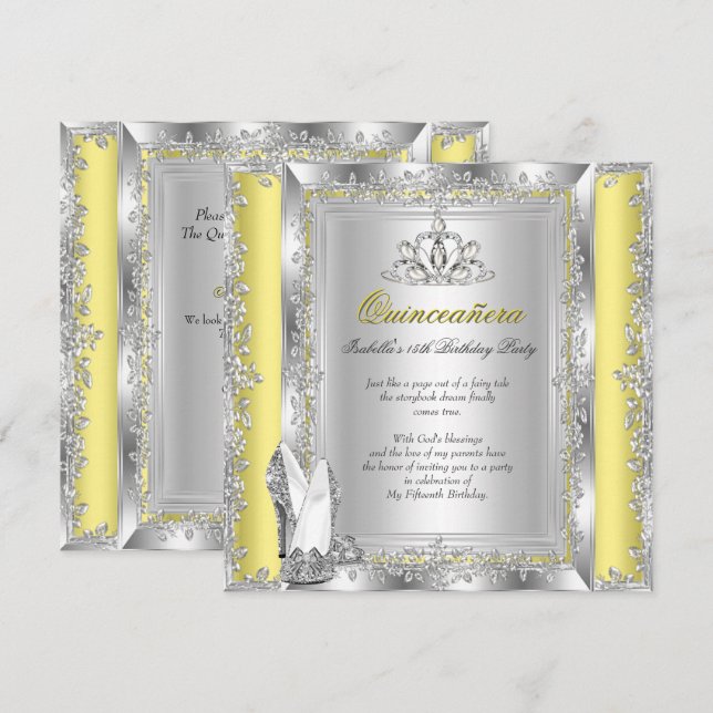Quinceanera 15th Birthday Yellow Silver Shoes Invitation (Front/Back)