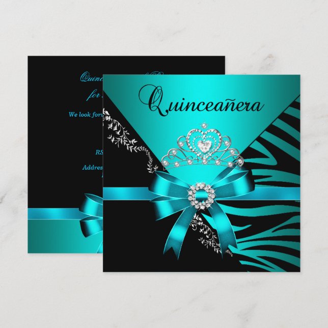 Quinceanera 15th Birthday Zebra Blue Black Tiara Invitation (Front/Back)