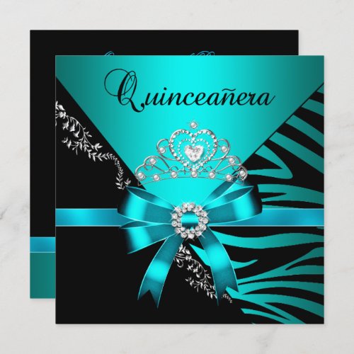 Quinceanera 15th Birthday Zebra Blue Black Tiara Invitation