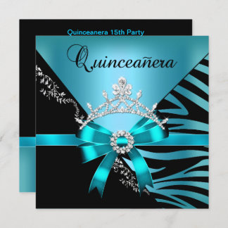 Quinceanera 15th Birthday Zebra Blue Black Tiara Invitation