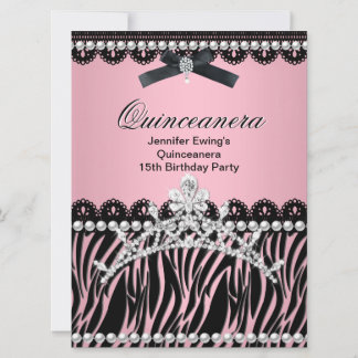 Quinceanera 15th Black Pink Zebra Tiara Invitation