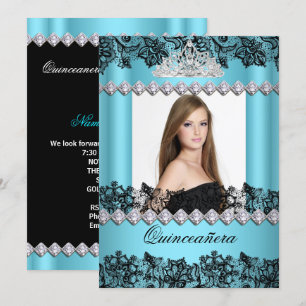 Quinceanera 15th Blue Black White Lace Photo Invitation