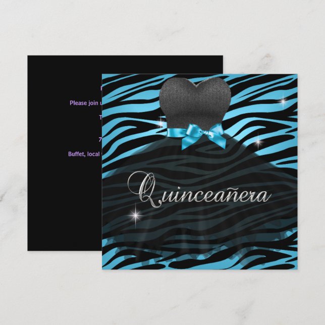 Quinceanera 15th Blue Black Zebra Dress Invitation (Front/Back)