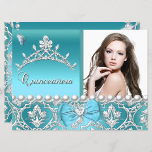 Quinceanera 15th Blue Damask Butterfly Add Photo Invitation