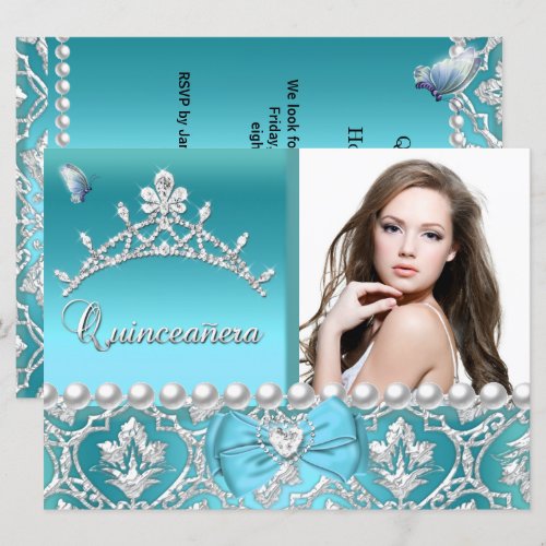 Quinceanera 15th Blue Damask Butterfly Add Photo Custom Invitations