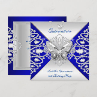 Quinceanera 15th Blue Silver Butterfly Tiara Invitation