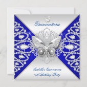 Quinceanera 15th Blue Silver Butterfly Tiara  Invitation (Front)