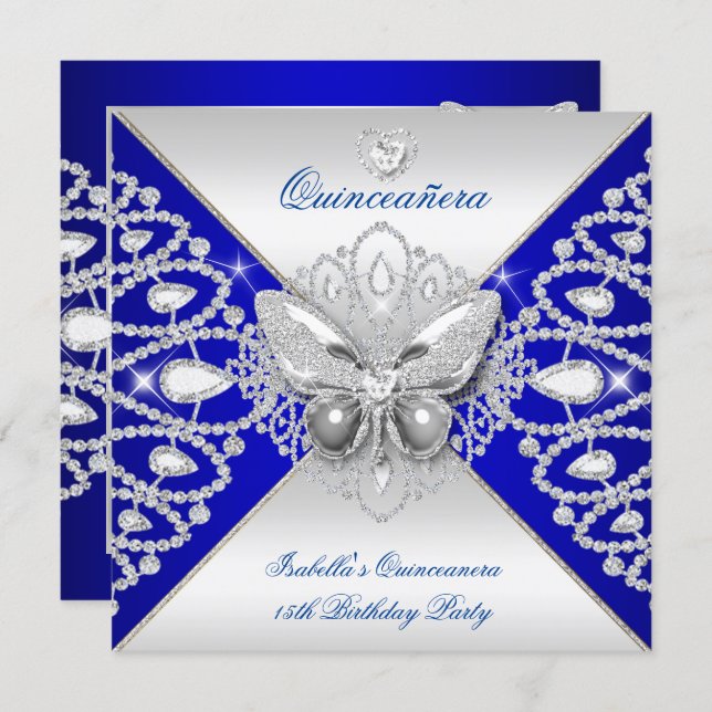 Quinceanera 15th Blue Silver Butterfly Tiara  Invitation (Front/Back)