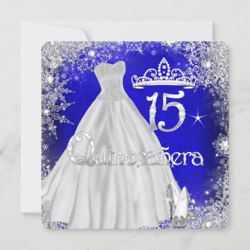 Quinceanera 15th Blue Silver Snowflakes Party Invitation