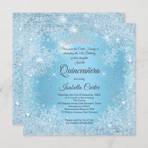 Quinceanera 15th Blue Snowflake Winter Birthday Invitation