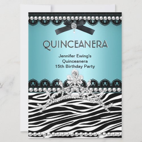 Quinceanera 15th Blue Teal Black Zebra Tiara Invitation