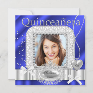 Quinceanera 15th Blue White Lace Pearl Photo Invitation