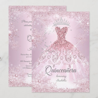 Quinceanera 15th blush pink Snowflake Winter Dress Invitation