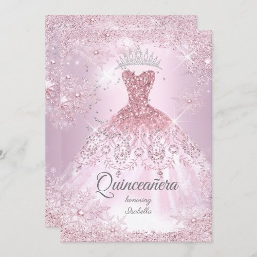 Quinceanera 15th blush pink Snowflake Winter Dress Invitation
