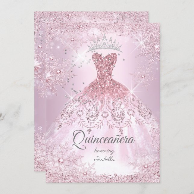 Quinceanera 15th blush pink Snowflake Winter Dress Invitation (Front/Back)
