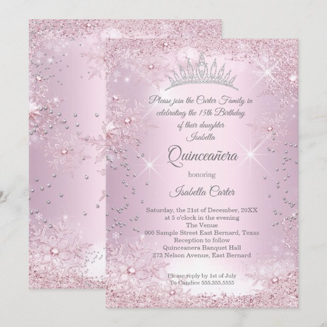 Quinceanera 15th Blush Pink Snowflake Winter Invitation (Front/Back)