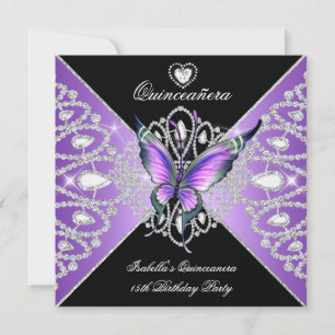Quinceanera 15th Butterfly Purple Black Tiara Invitation