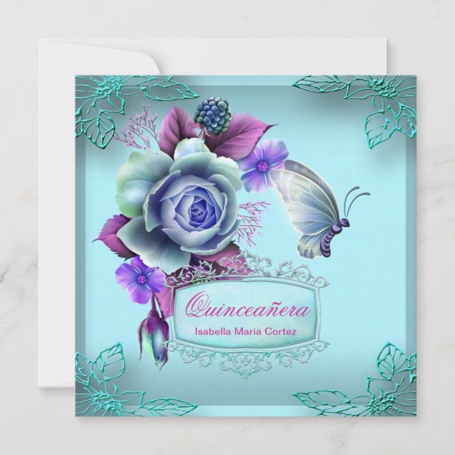 Quinceañera 15th Butterfly Teal Purple Party Invitation (Front)
