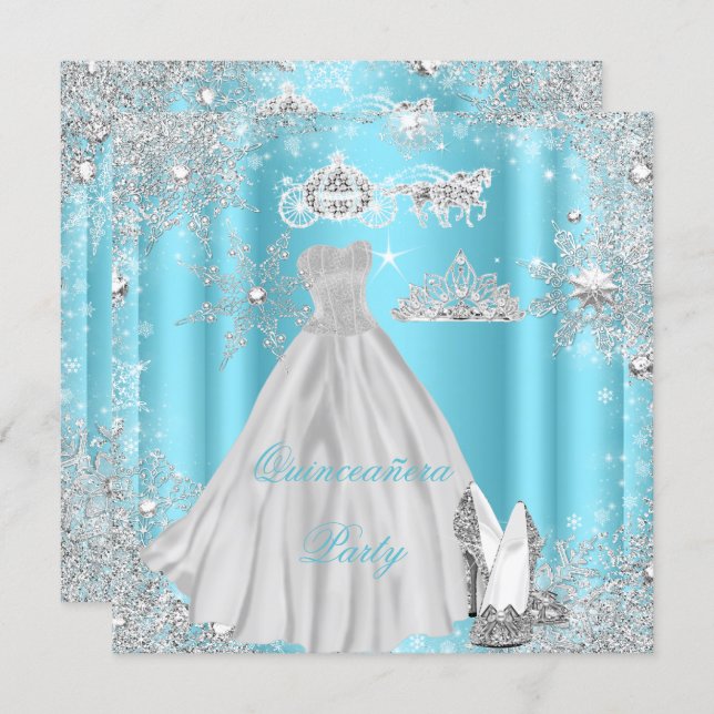 Quinceanera 15th Cinderella Blue Birthday Party Invitation (Front/Back)