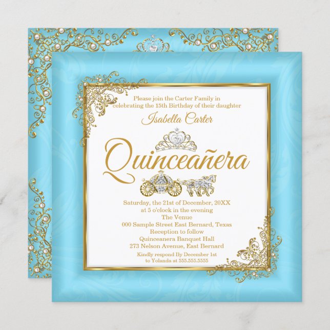Quinceanera 15th Cinderella Blue Pearl Tiara Photo Invitation (Front/Back)