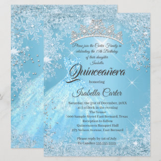 Quinceanera 15th Cinderella Blue Snowflake Winter Invitation