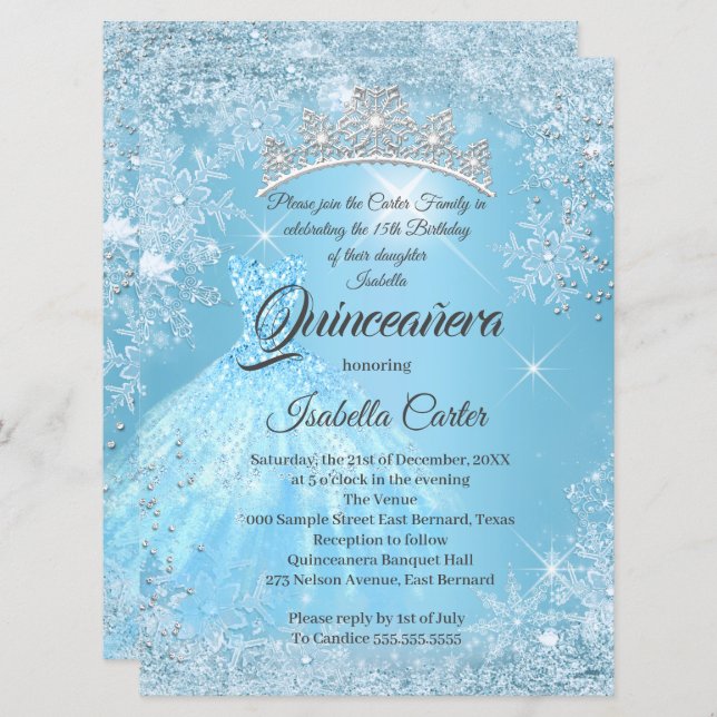 Quinceanera 15th Cinderella Blue Snowflake Winter  Invitation (Front/Back)
