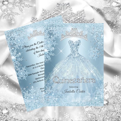Quinceanera 15th Cinderella Ice Blue Snowflake Invitation