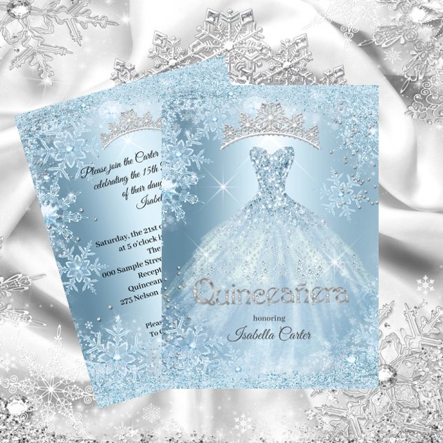 Quinceanera 15th Cinderella Ice Blue Snowflake Invitation (Creator Uploaded)
