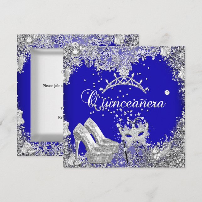 Quinceanera 15th Cobalt Blue Silver Mask Tiara Invitation (Front/Back)