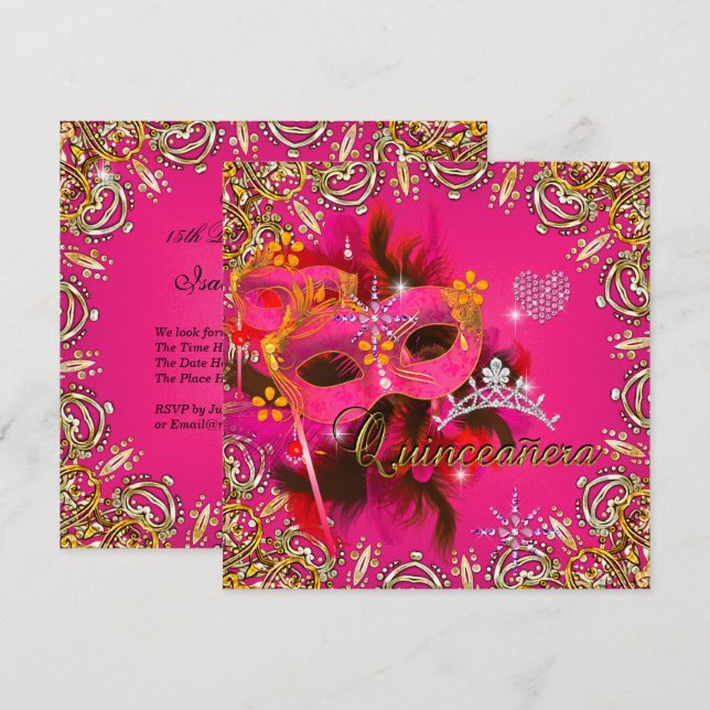 Quinceanera 15th Coral Pink Masquerade Party Gold Invitation (Front/Back)