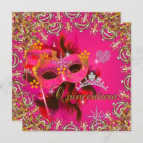 Quinceanera 15th Coral Pink Masquerade Party Gold Invitation