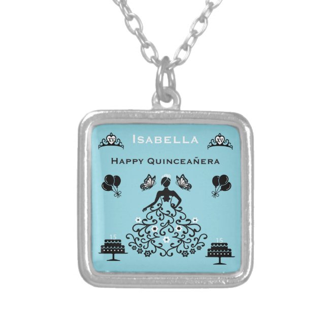 Quinceanera 15th Crown Party Silver Plated Necklace (Front)