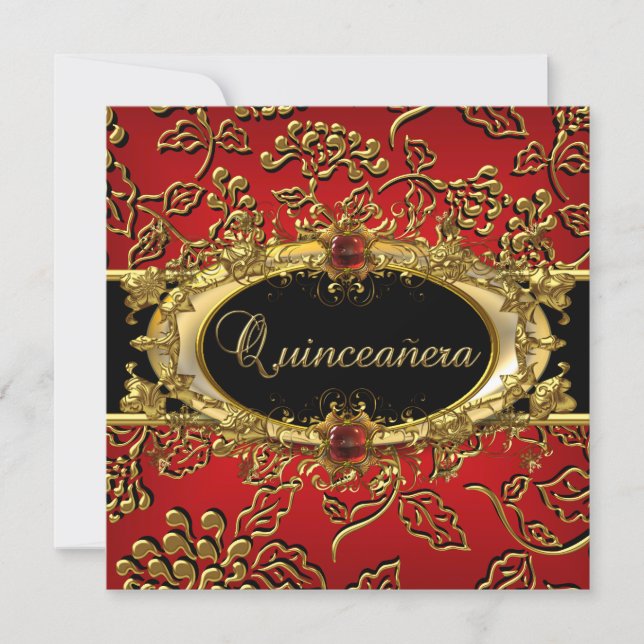 Quinceanera 15th Damask Red Gold Black Invitation (Front)
