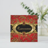 Quinceanera 15th Damask Red Gold Black Invitation (Standing Front)
