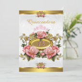 Quinceanera 15th Elegant Pink Gold Roses White Invitation (Standing Front)