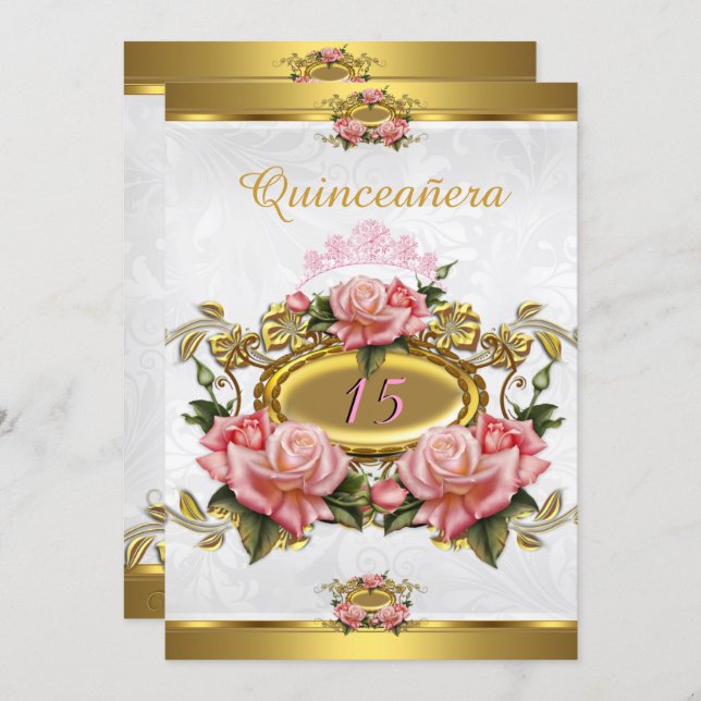 Quinceanera 15th Elegant Pink Gold Roses White Invitation (Front/Back)