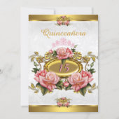 Quinceanera 15th Elegant Pink Gold Roses White Invitation (Front)