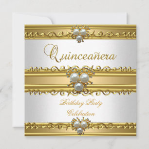 Quinceanera 15th Elegant White Gold Pearl Jewel Invitation