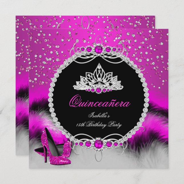 Quinceanera 15th Feather Hot Pink Glamour Heels Invitation (Front/Back)
