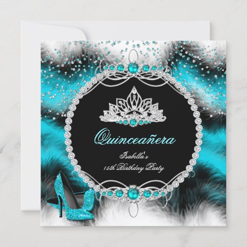 Quinceanera 15th Feather Teal Blue Glam Heels Invitation