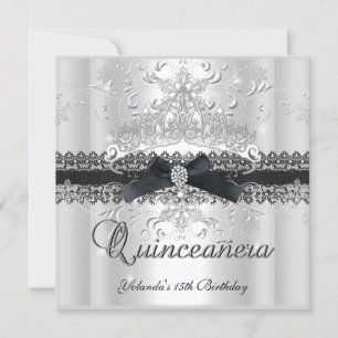 Quinceanera 15th Glitter Tiara Black White Bow Invitation