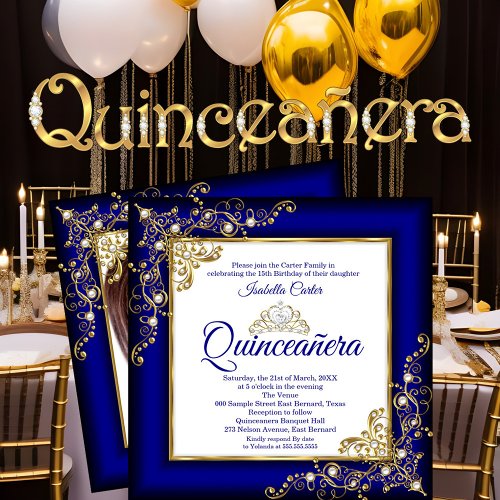 Quinceanera 15th Gold Royal Blue Pearl Tiara Photo Invitation