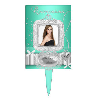 Quinceanera 15th Green Lace Pearl Photo Cake Topper