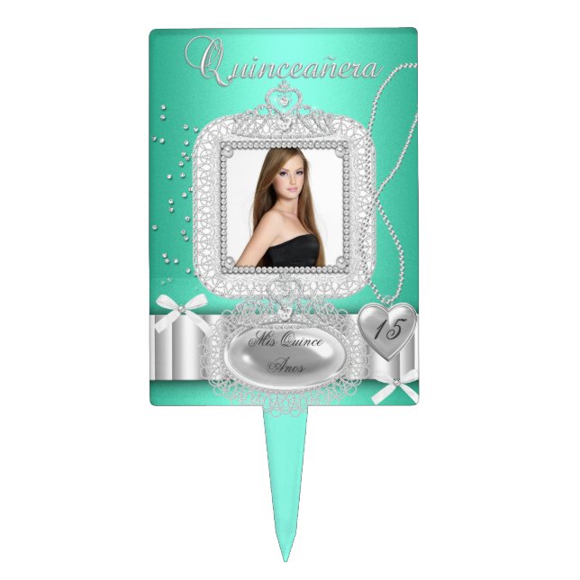 Quinceanera 15th Green Lace Pearl Photo Cake Topper (Front)