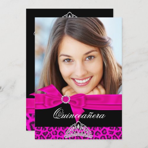 Quinceanera 15th Hot Pink Black Leopard Photo Invitation