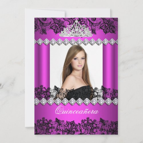 Quinceanera 15th Hot Pink Black White Lace Photo Invitation