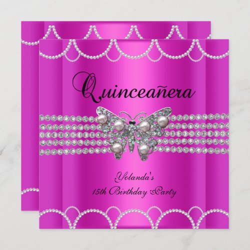 Quinceanera 15th Hot Pink Butterfly Pearl Lace Invitation