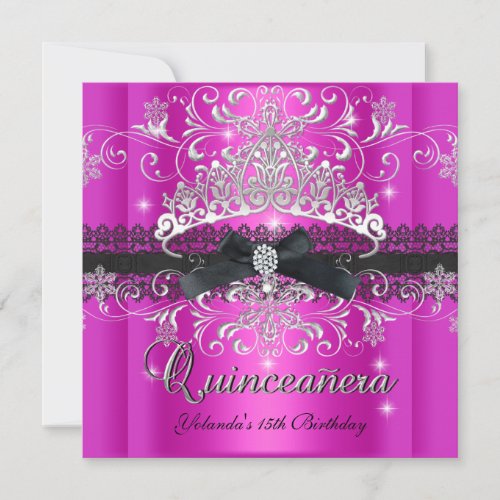 Quinceanera 15th Hot Pink Glitter Tiara Silver Invitation