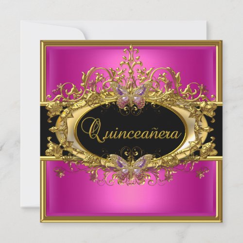 Quinceanera 15th Hot Pink Gold Black Girls Invitation