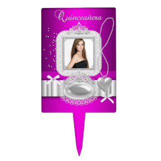 Quinceanera 15th Hot Pink Lace Pearl Photo Cake Topper